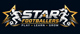Star Footballers logo featuring boy and girl footballers and Play Learn Grow slogan